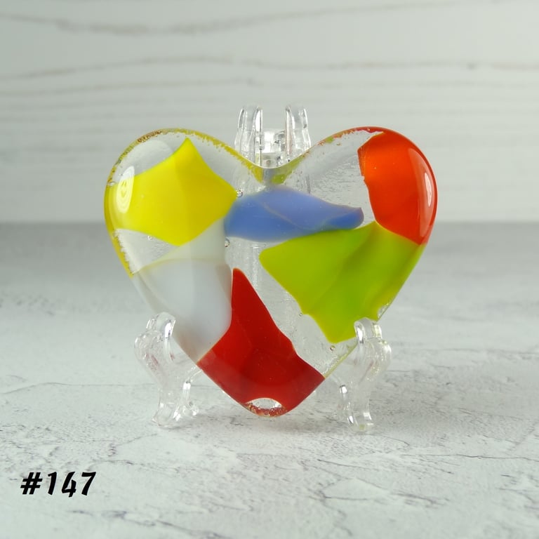Multicoloured fused glass heart pocket hug with stand 5x4.5cm (147)