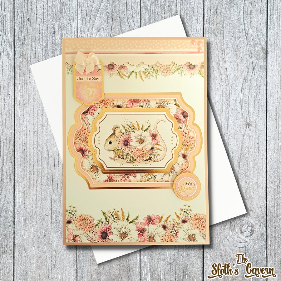 Just To Say Thank You Card With A Mouse In Blooming Flowers in Pastel Pink