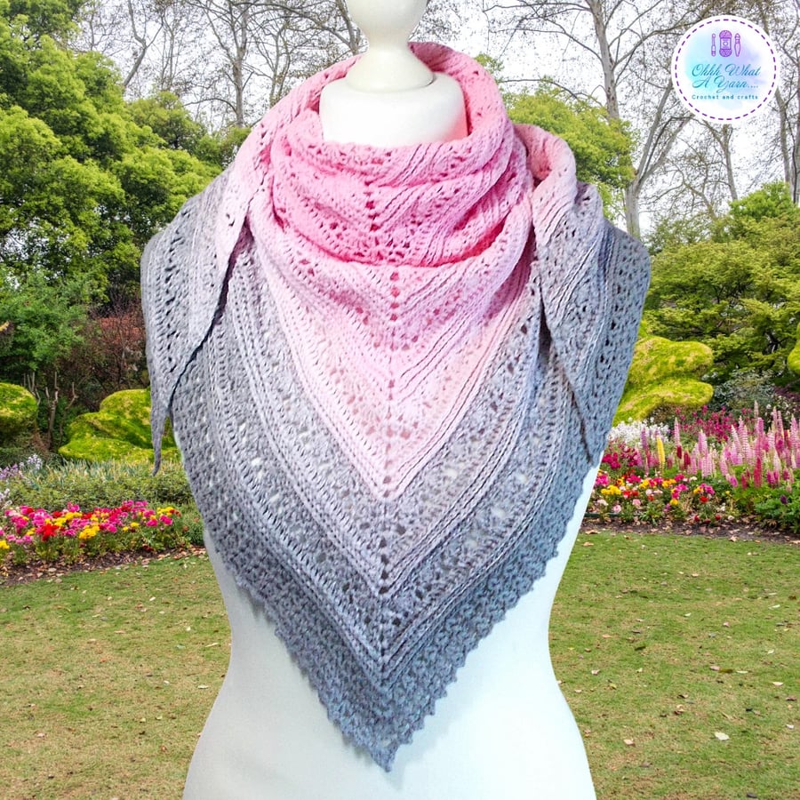 Image of Pink and grey ombre crochet lace cotton shawl. Crochet shawl. Pink grey scarf.