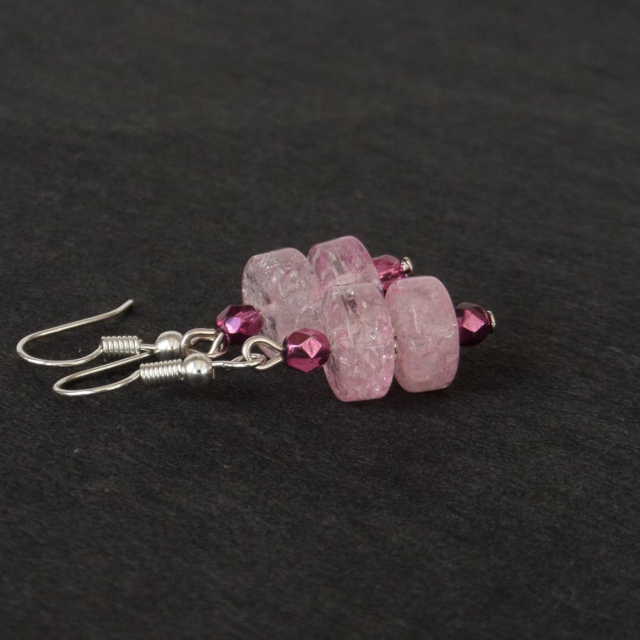 Pink cracked quartz and crystal earrings
