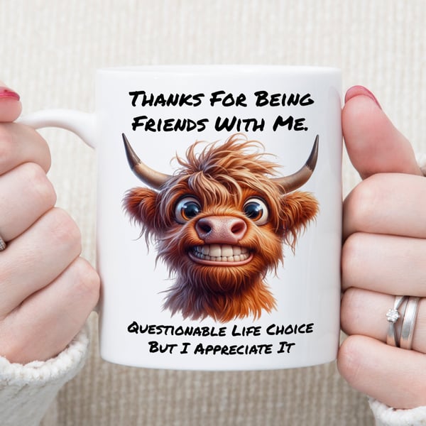 Funny Highland Cow Mug – "Thanks For Being Friends With Me…Questionable
