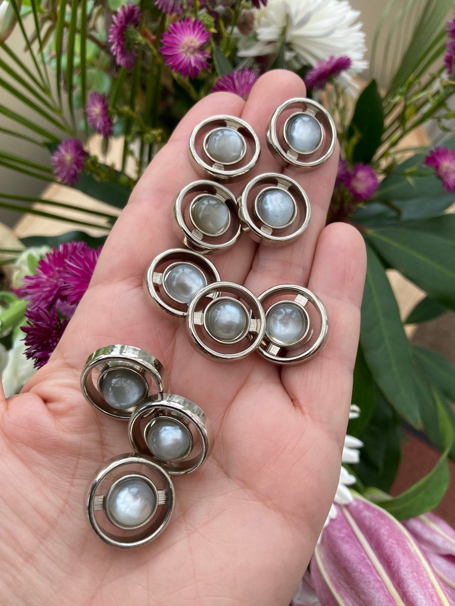 Set of 10 Silvertone Metallic Lucite Vintage Buttons with Faux Moonstone Centre.