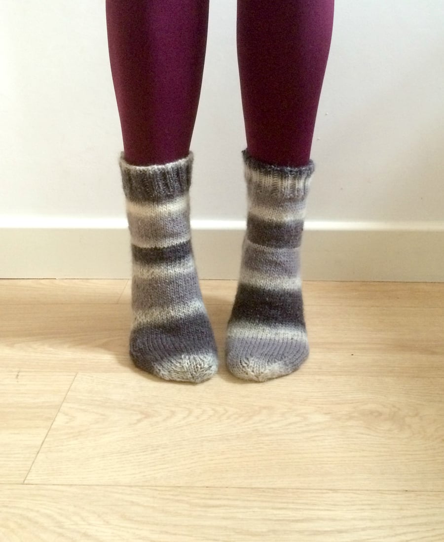 Hand knit Wool Socks Grey Black White Ombre Unisex Welly Socks