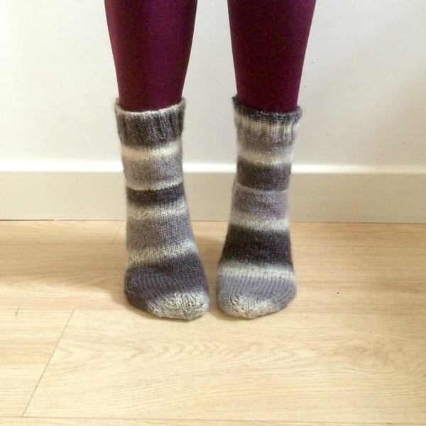 Hand knit Wool Socks Grey Black White Ombre Unisex Welly Socks