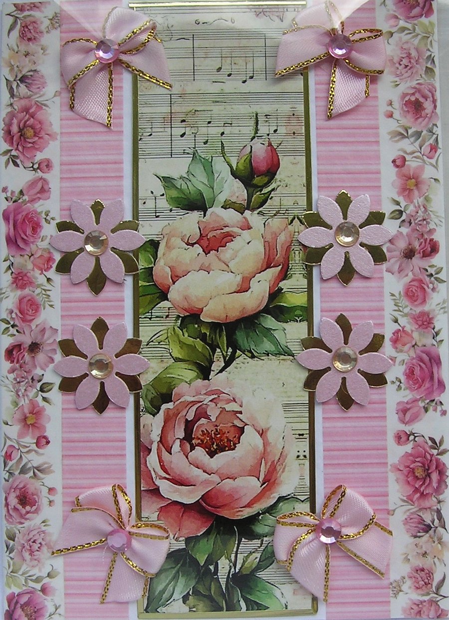 Pink Rose Blooms - Hand Crafted Decoupage Greeting Card - Blank 3332