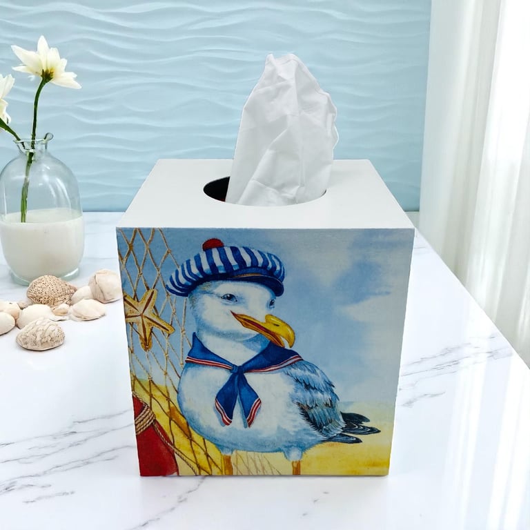 Wooden tissue box cover, Seagull, Seaside decor