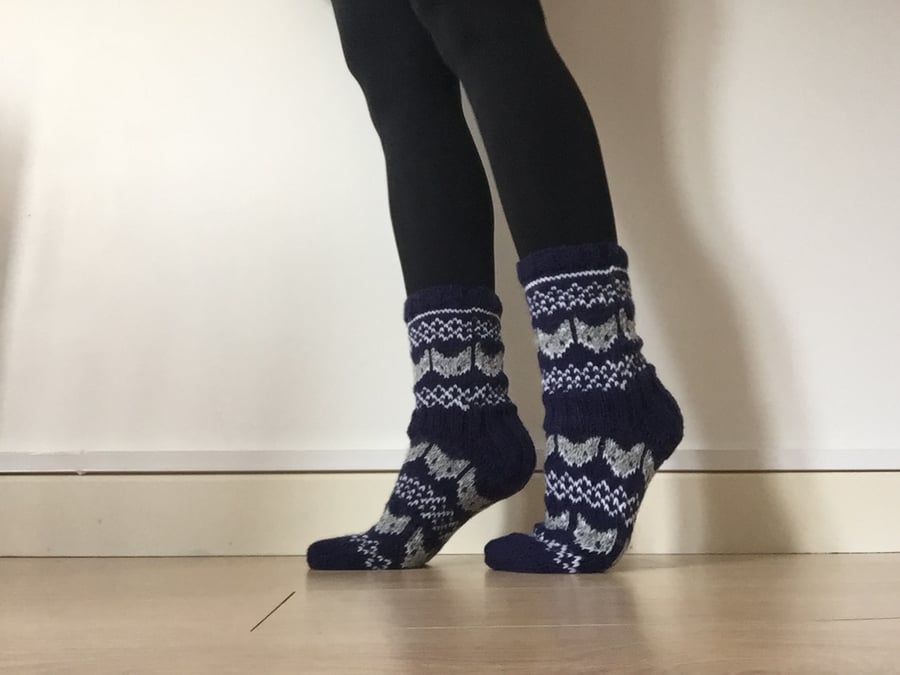 Blue grey fox wool socks winter fairisle scandinavian norwegian