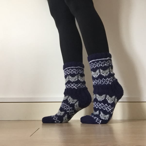 Blue grey fox wool socks winter fairisle scandinavian norwegian