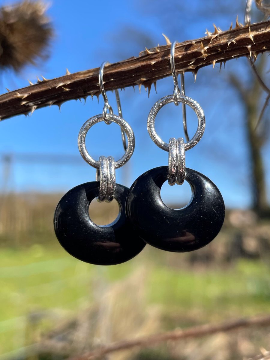  Black agate and silver drop earrings