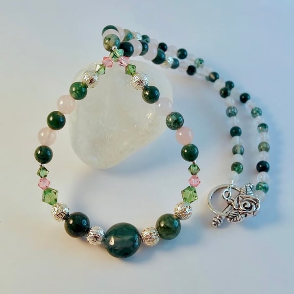 Moss Agate, Rose Quartz & Crystal Necklace, Anniversary, Birthday, Gifts For Her