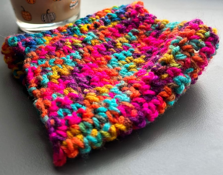 Cup Holder Crochet Sleeve Warmer in colourful Rainbow abstract pattern