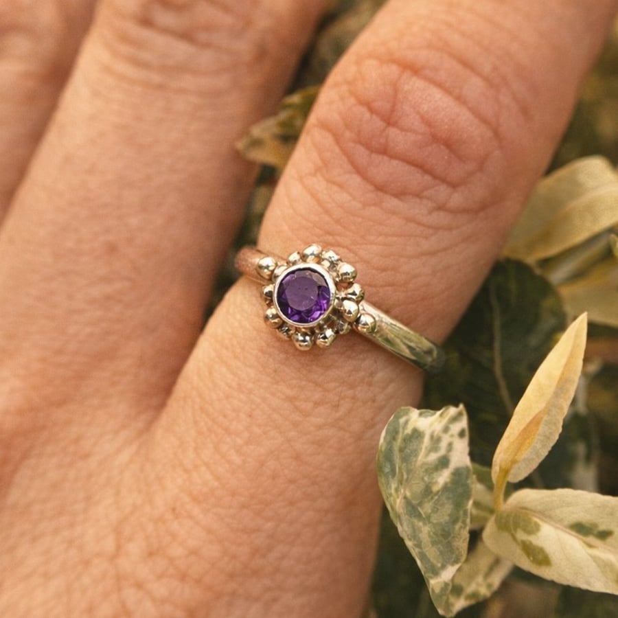Sterling Silver Amethyst Ring with Granulation - Size L - M