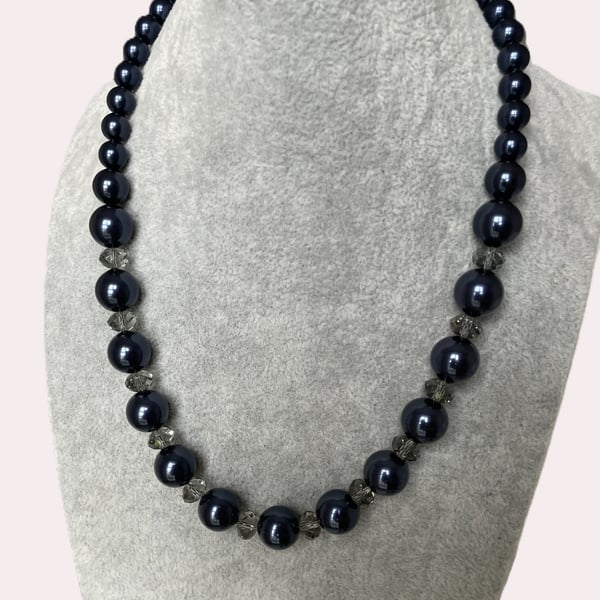 Midnight blue pearl and crystal blue necklace. Classic elegant evening chic