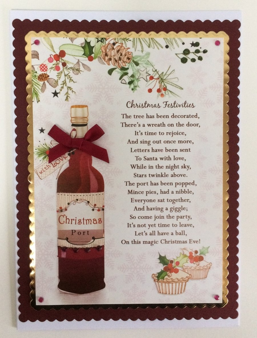 Handmade Christmas Card A Bottle of Port Mince Pies Festivities Poem