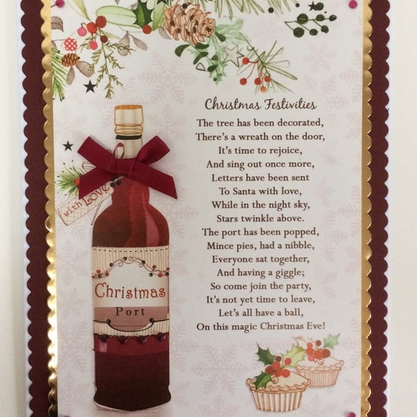 Handmade Christmas Card A Bottle of Port Mince Pies Festivities Poem