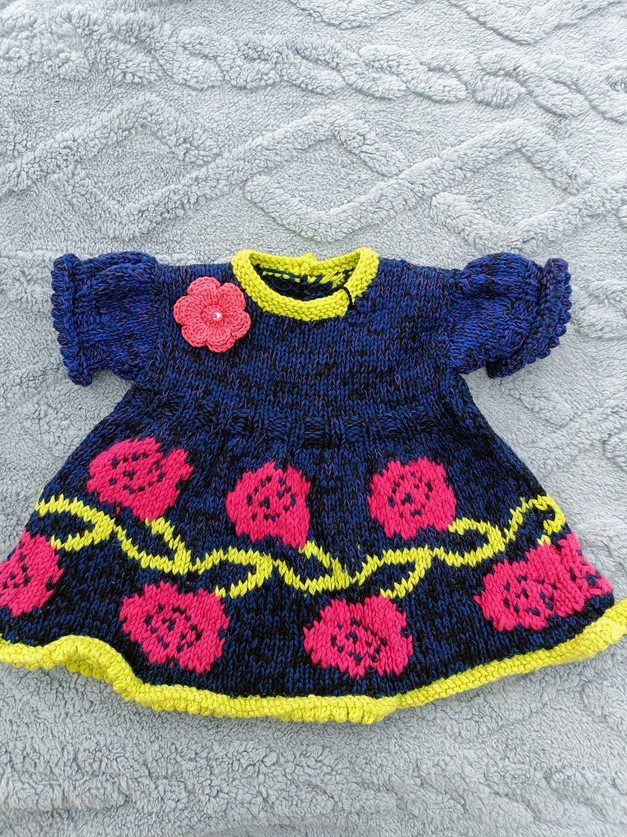 0-3 month  Hand Knitted Dress with rose design 