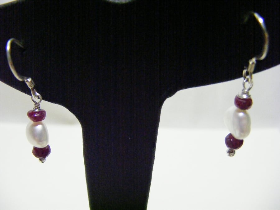 Freshwater Pearl and Ruby Gemstone Sterling Silver Earrings.