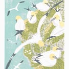 Gannets, sea birds - Original hand cut limited edition linocut print