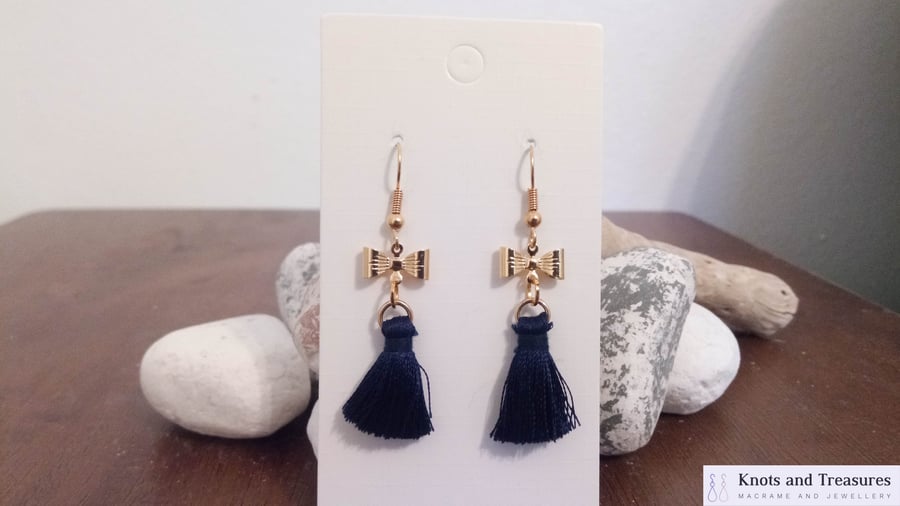 SOLD E Gold Bow and Blue Tassel Earrings