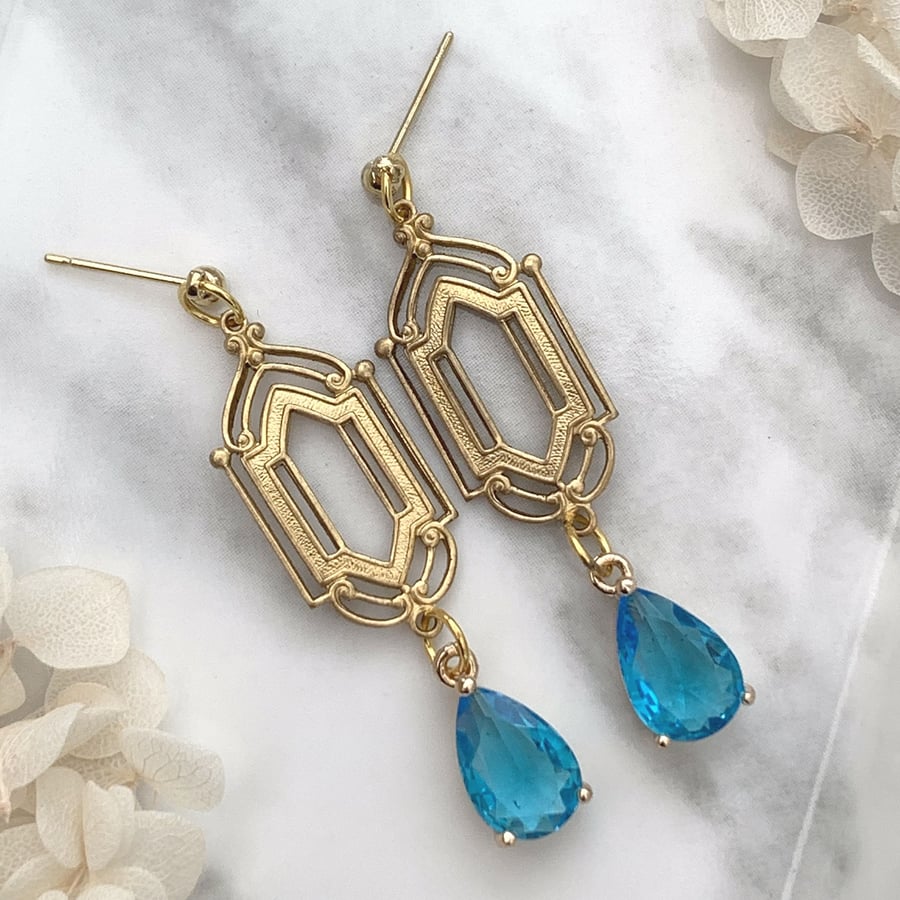 Vintage Style Antique Gold and Turquoise Glass Crystal Drop Earrings