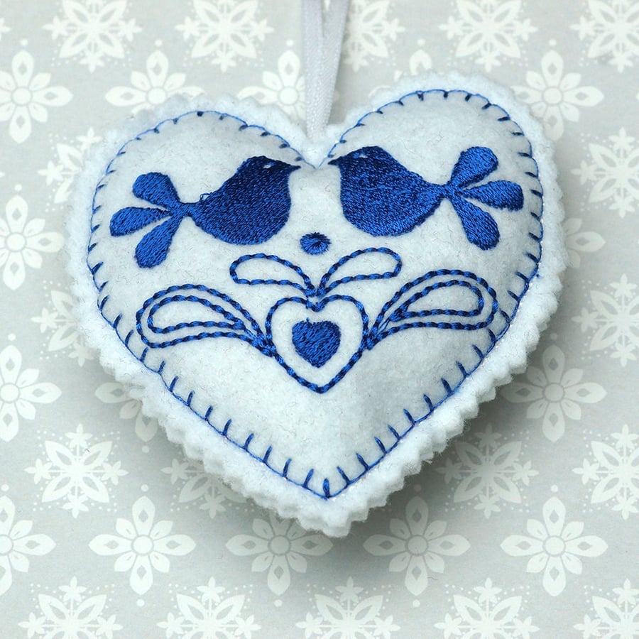 Embroidered felt heart hanging decoration with dove detail