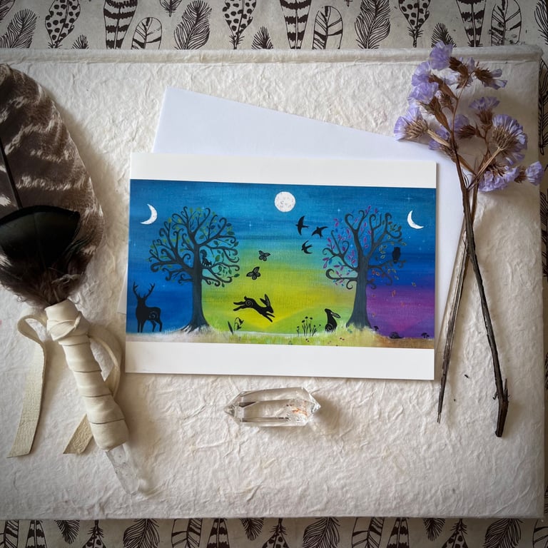  When Spring Unfolds Greetings Card (Pagan, Wiccan,Owl, Hare, Stag, Moon)