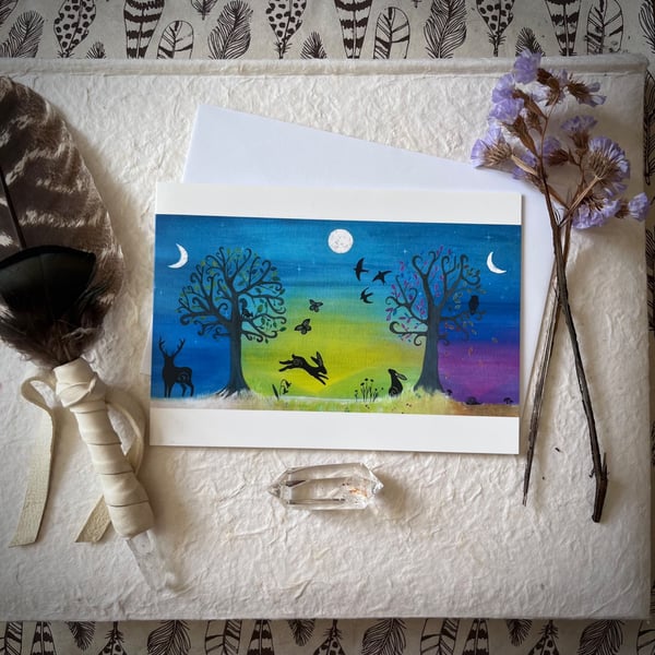  When Spring Unfolds Greetings Card (Pagan, Wiccan,Owl, Hare, Stag, Moon)