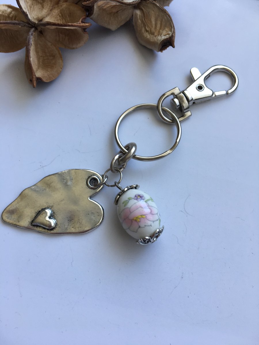Metal heart and ceramic bead key ring,  bag dangle, charm 