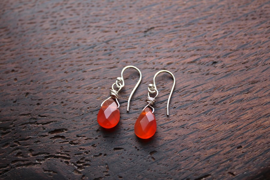 Silver Wire Wrapped Faceted Carnelian Briolette Drop Earrings