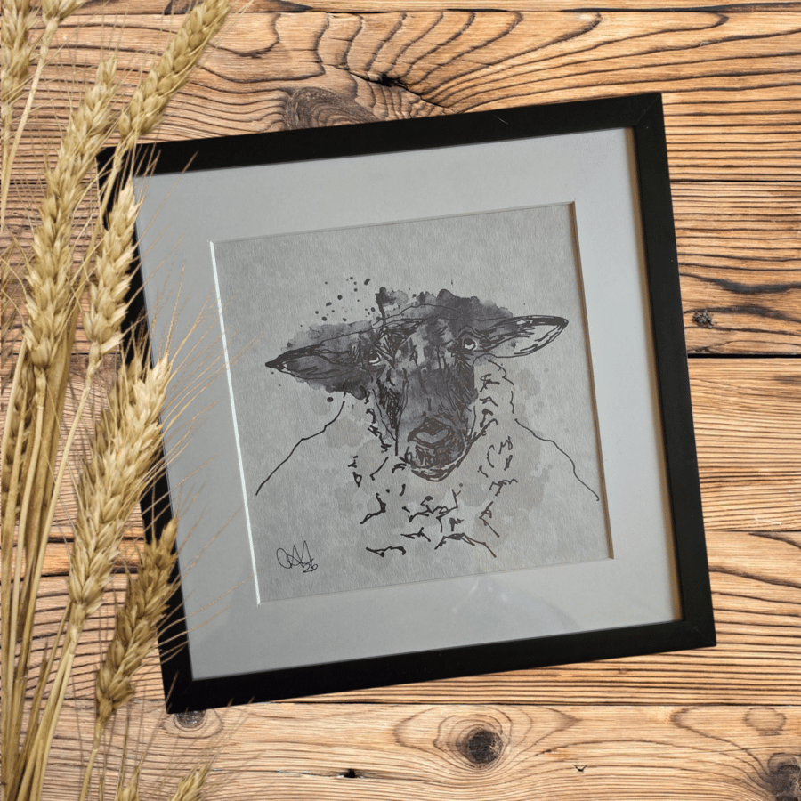 Handdrawn watercolour Art: Sheep in Black Frame (8x8")