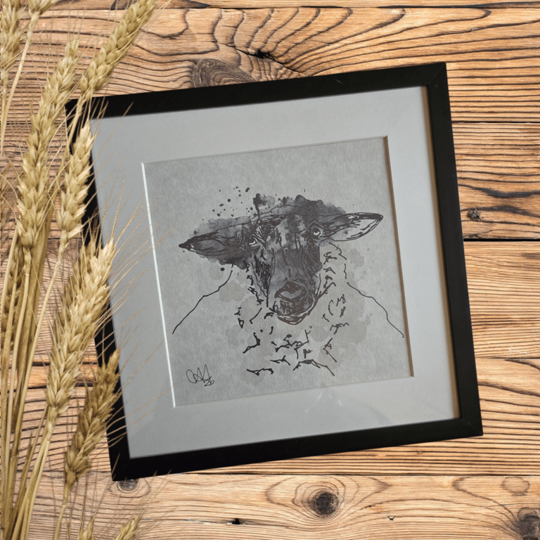 Handdrawn watercolour Art: Sheep in Black Frame (8x8")