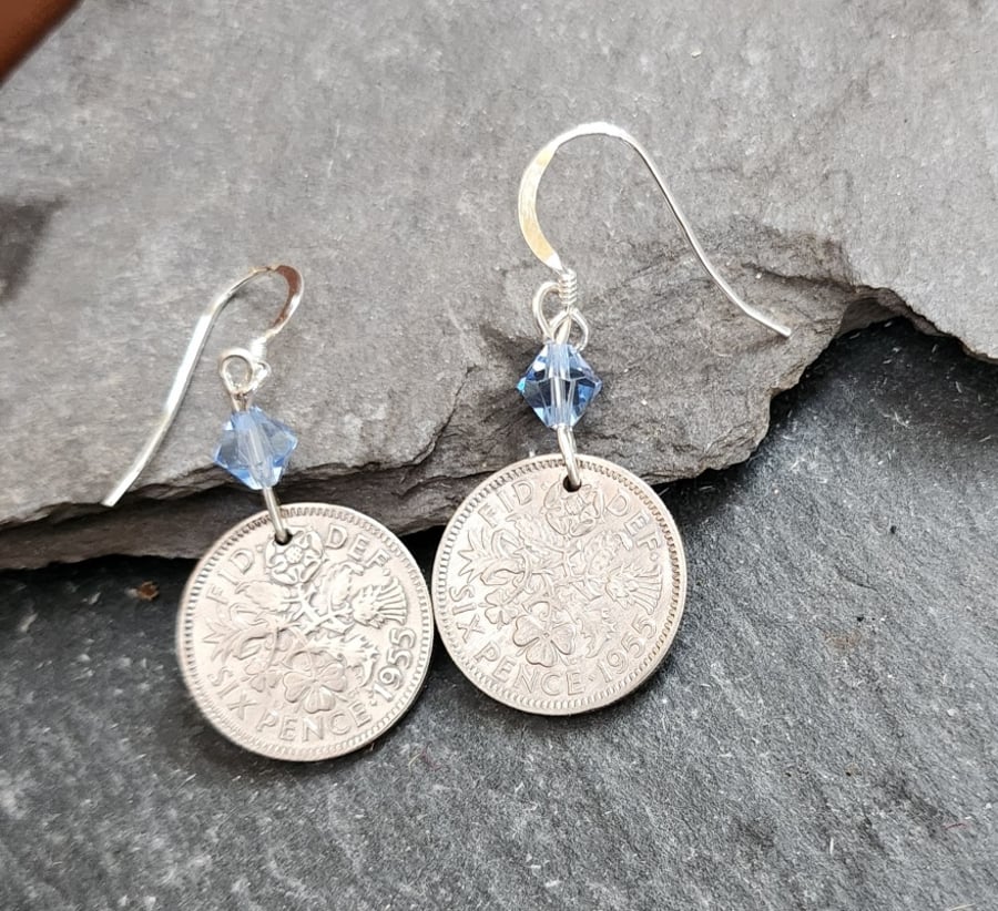 Upcycled sixpence coin earrings with pale blue bicone crystals