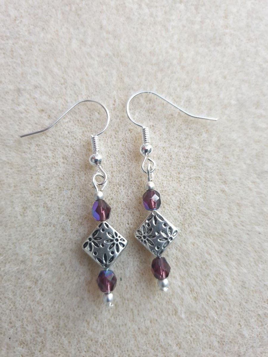 beautiful silver plated boho style earrings with czech purple glass beads dangle