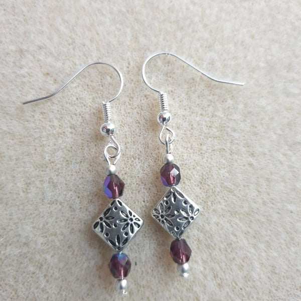 beautiful silver plated boho style earrings with czech purple glass beads dangle