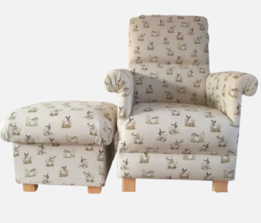 Vintage Hares Chair & Footstool Adult Armchair Pouffe Nursery Nursing Animals 