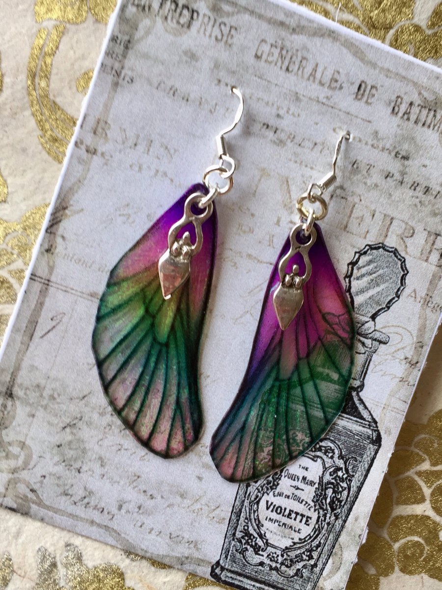 Purple and Green Fairy Wing Goddess Sterling Silver Earrings