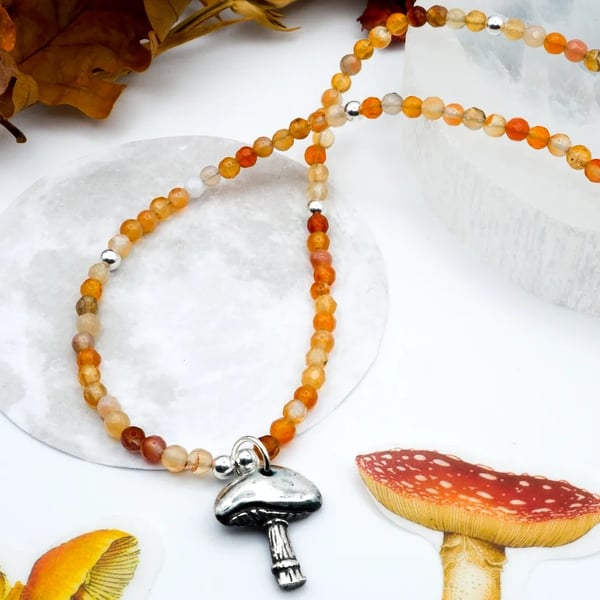 Mushroom Necklace - Solid Fine Silver Mushroom Pendant & Carnelian Gemstone