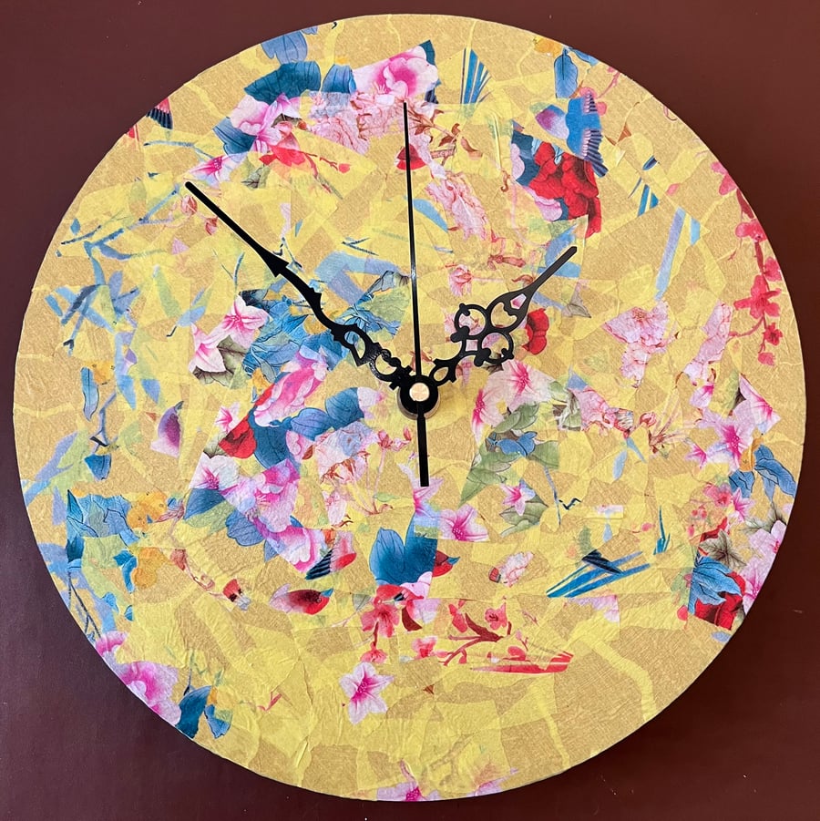 Decoupage Clock - yellow floral pattern