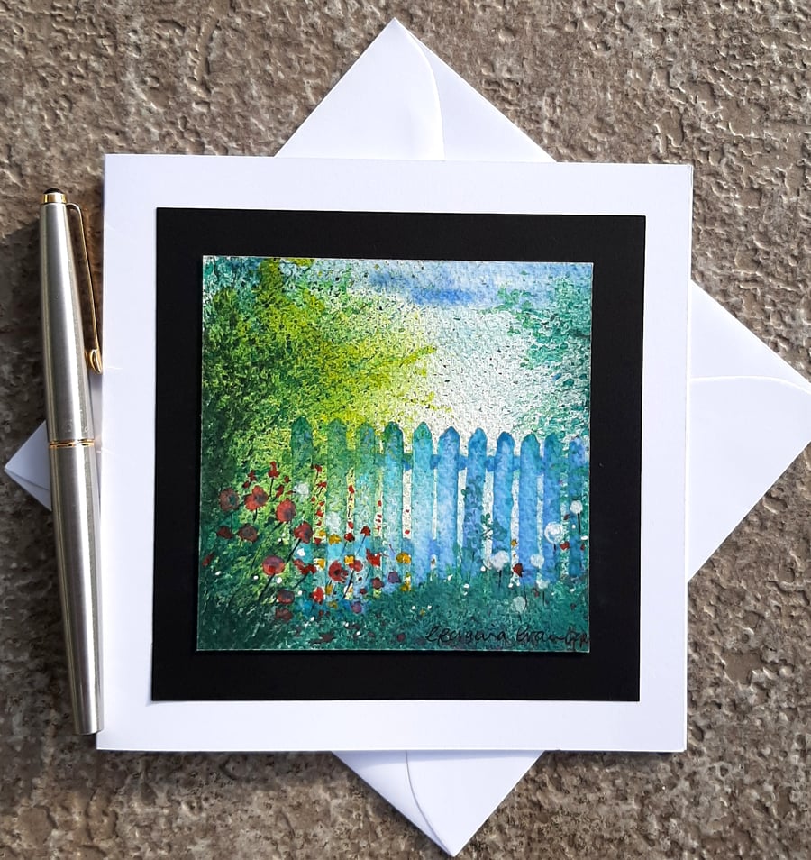 Handpainted Blank Card. Gate and Poppies. The Card That's Also a Keepsake Gift