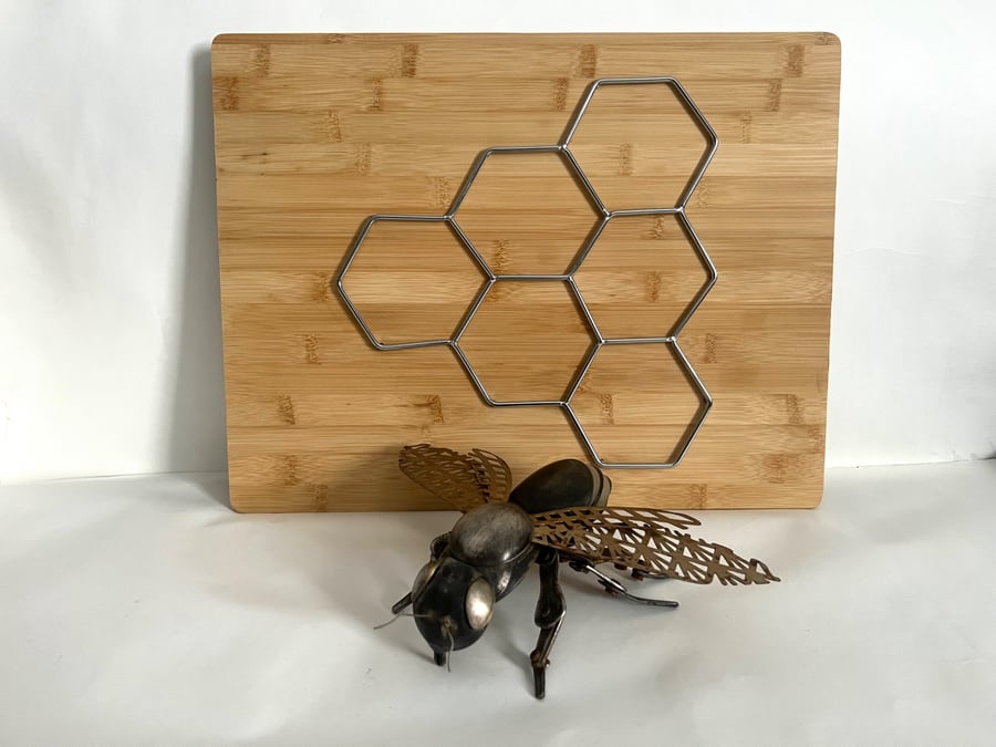 Cutlery Honey Bee sculpture with honeycomb display base