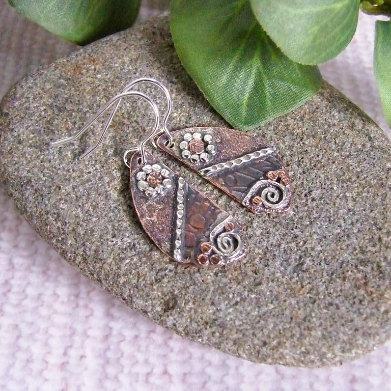 Earrings, Sterling Silver and Copper Leaf with Floral Decoration