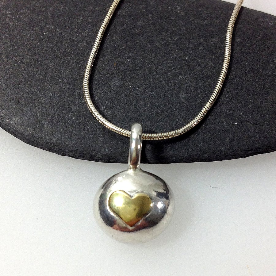 Silver and gold heart pebble pendant and chain