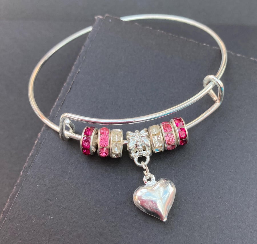 Adjustable Expandable Silver Heart Charm Bangle with Coordinated Pink Bead Set