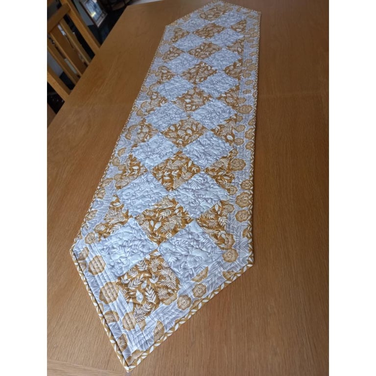 Grey and Gold quilted patchwork pointed Table Runner
