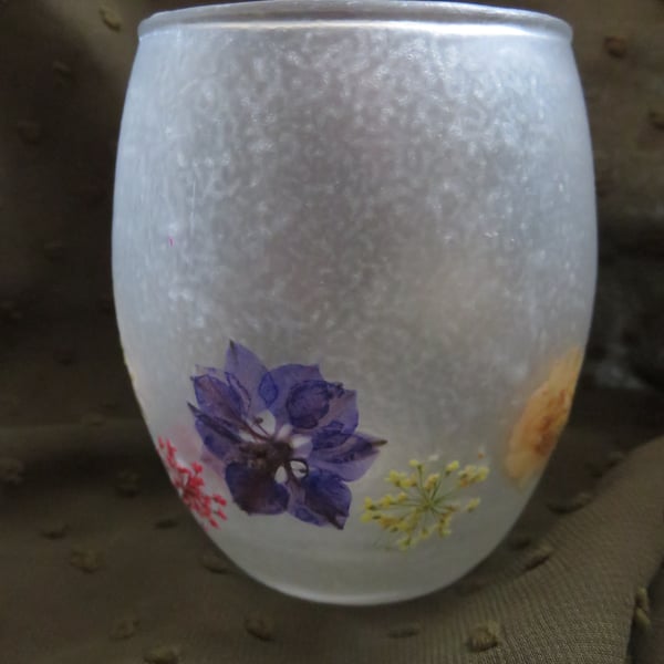 Frosted Tealight Candle Holder with Natural Dried Pressed Flowers