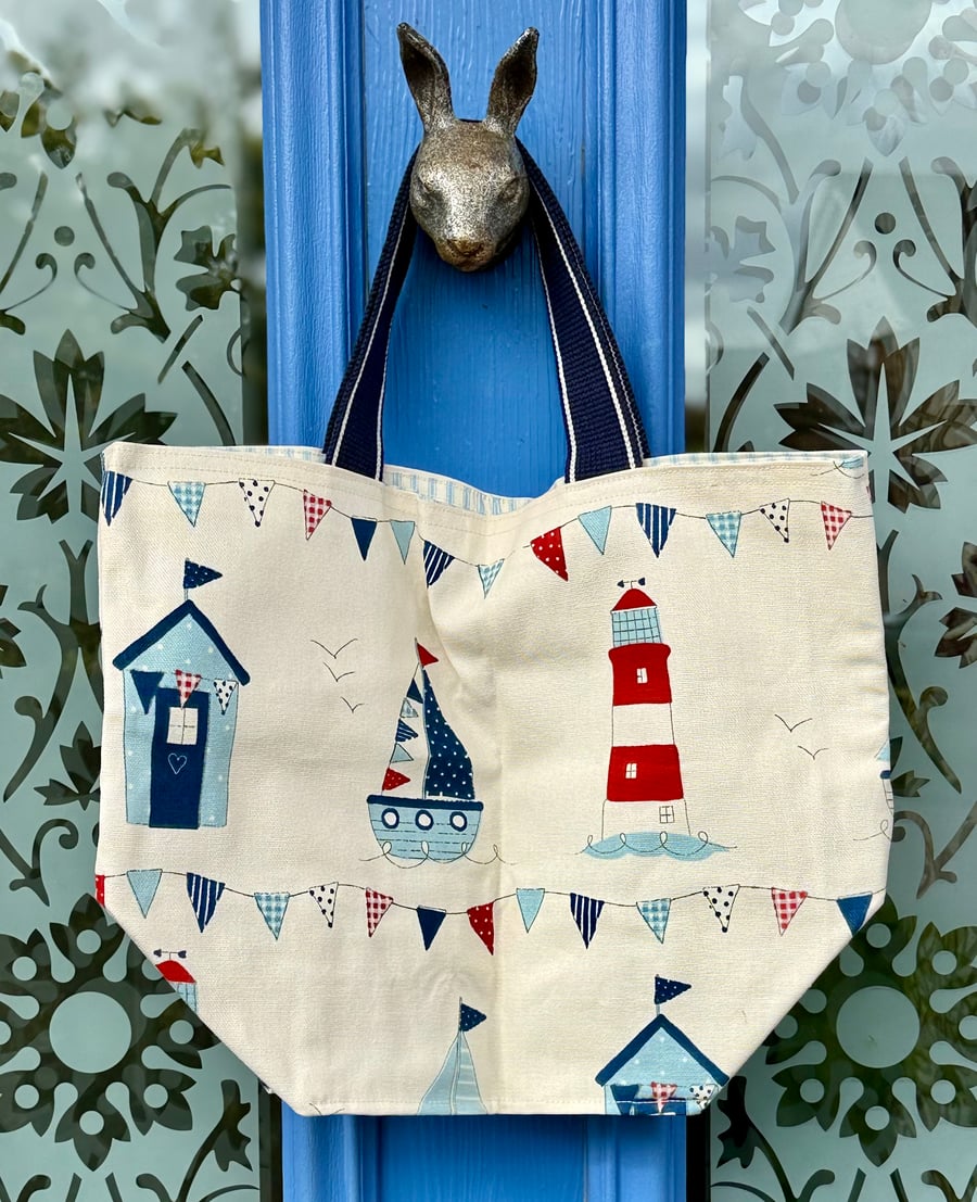 Small tote bag - cream background and rainbow webbing handles