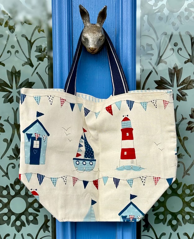 Small tote bag - cream background and rainbow webbing handles
