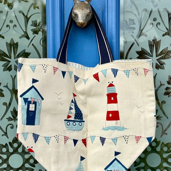 Small tote bag - cream background and rainbow webbing handles