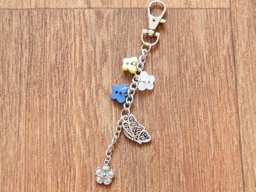 SALE Green, Blue Button Butterfly and Flower Charm Journal Bag Charm
