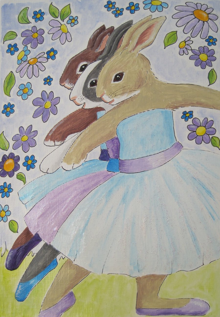 Rabbit Ballet Original Art Picture Painting Ballerina Bunnies in Tutus